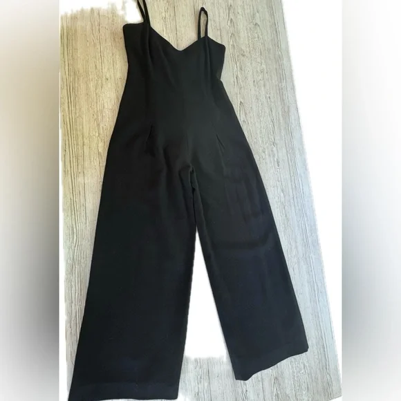 BEBE VTG Y2K Sweetheart Neck Black Wool Spaghetti Strap Wide Leg Pant Jumpsuit 4